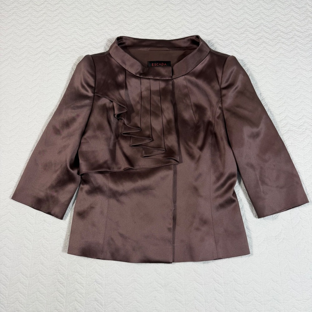 Escada 100% Silk Ruffle Front Mock Neck Jacket Brown Women's Size 36 - Picture 1 of 12